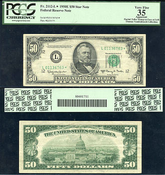 США 50 долларов 1950 серия 1950E, L (Сан-Франциско), замещенная, в слабе PCGS 35 Very Fine Pick 441e, Fr. 2112-L  бумага  00-00