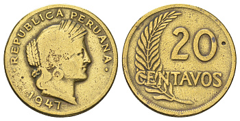 Перу 20 сентаво 1947 KM 221 латунь 4646-1125