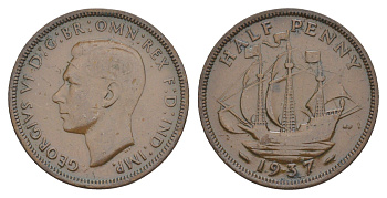 Великобритания 1/2 пенни 1937 Георг VI (1936-1952) KM 844, Spink 4115 бронза 4638-455