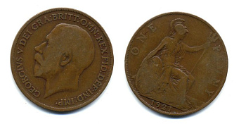 Великобритания 1 пенни 1921 Георг V (1910-1936) KM 810, Spink 4051 бронза 47-631