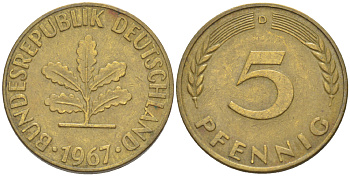 ФРГ 5 ПФЕННИГОВ 1967 D KM 107, J. 382 сталь плакированная латунью 4181-917