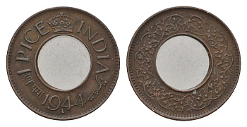 Британская Индия 1 пайс 1944 L KM 533 бронза 4658-1124