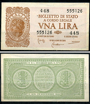 Италия 1 лира 1944 подписи Bolaffi, Cavallaro, Giovinco Pick 29 b, Grapanzano BS 8  бумага  aUNC 8614-8-4-1