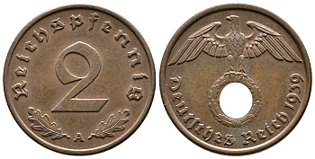 Германия 2 рейхспфеннига 1939 A KM 90, J. 362 бронза 176-1247