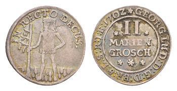 Брауншвейг-Каленберг-Ганновер 2 мариенгроша 1702 дикарь, Георг I (1698-1727), из коллекции Ричарда Б. Смита Welter 2202, KM 6 серебро 1525-734