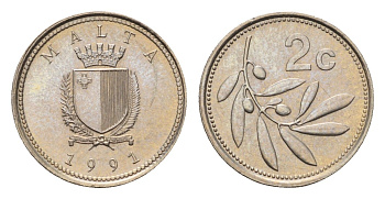 Мальта 2 цента 1991 оливковая ветвь KM 94 медно-никель UNC 4689-1145