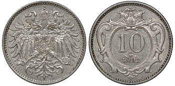 Австрия 10 геллеров 1893 Франц Иосиф I KM 2802 никель 4163-713