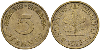 ФРГ 5 пфеннигов 1978 D KM 107, J.382 сталь плакированная латунью 4115-961