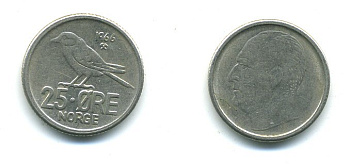 Норвегия 25 эре 1966 Улаф V (1958-1991), синица KM 407 медно-никель 4364-947