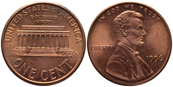 США 1 ЦЕНТ 1996 ЛИНКОЛЬН KM 201b цинк плакированный медью 66-1061