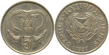 КИПР 5 ЦЕНТОВ 1987 ГОЛОВА БЫКА KM 55.2 никель латунь 181-512