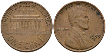 США 1 цент 1959 D, Авраам Линкольн KM 201 медь цинк 4564-327