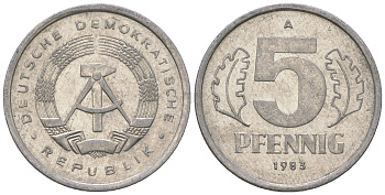 ГДР 5 пфеннигов 1983 A КМ 9.2 алюминий 3458-1242