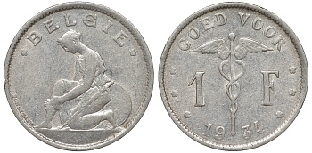 Бельгия 1 франк 1934 Belgie KM 90 никель 51-1846