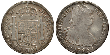 Мексика 8 реалов 1795 FM, монетный двор Mo (Мехико Сити), Карл IV Испанский (1788-1808) KM 109 серебро 06-273-15