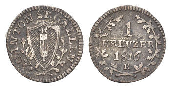 Швейцарские кантоны, Санкт-Галлен 1 крейцер 1816 K KM 102 серебро 603-913