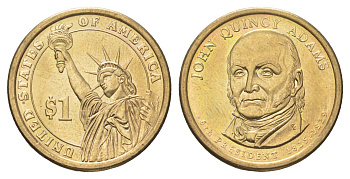 США 1 доллар 2008 D, Президент США - Джон Куинси Адамс (1825-1829) KM 427 медь с марганцево-латунным покрытием UNC 4629-241