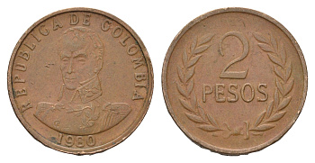 Колумбия 2 песо 1980 Симон Боливар KM 263 бронза 4698-143