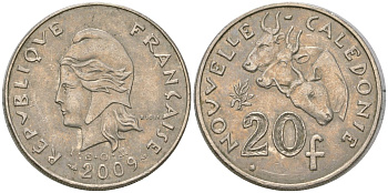 Французская Новая Каледония 20 франков 2009 три быка, (IEOM) KM 12a, Schoen 14a медно-никель 4131-1243
