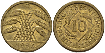 ГЕРМАНИЯ 10 РЕНТЕНПФЕННИГОВ 1923 G, KM 33, J. 309 алюминиевая бронза UNC 413-3923