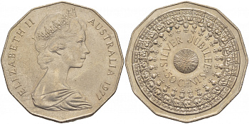 АВСТРАЛИЯ 50 ЦЕНТОВ 1977 СЕРЕБРЯННЫЙ ЮБИЛЕЙ КОРОЛЕВЫ, ЕЛИЗАВЕТА II, МОЛОДОЙ ПОРТРЕТ KM 70 медно-никель UNC 3457-314