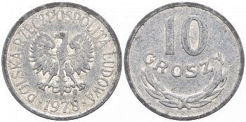 ПОЛЬША 10 ГРОШЕЙ 1978 MW KM АА47 алюминий 112-1216