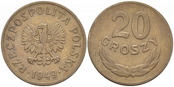 ПОЛЬША 20 ГРОШЕЙ 1949 KM 43 медно-никель 110-115