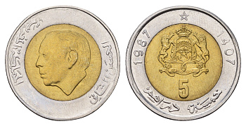 Марокко 5 дирхамов 1987 год-тип Y 82 биметалл UNC 216-713