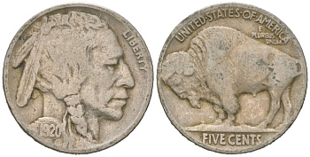 США 5 центов 1920 индеец, бизон KM 134 медно-никель 4614-1043