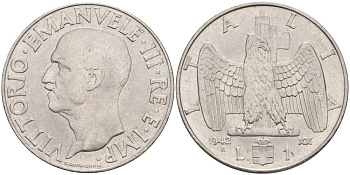 ИТАЛИЯ 1 ЛИРА 1942 R, ГОД XX, ВИКТОР ЭММАНУИЛ III (1900-1946) KM 77b, VEM3. 1102 нержавеющая сталь 3855-434