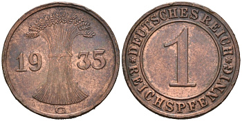 Германия 1 рейхспфенниг 1935 G KM 37, J. 313, Weege 2 бронза 46-817