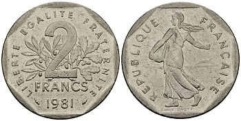 Франция 2 франка 1981 сеятель KM 942.1 никель 4120-424