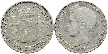 Испания 1 песета 1901 (01) SM-V, АЛЬФОНСО XIII (1886-1931) KM 706 (Y88) серебро 443-545