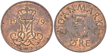 ДАНИЯ 5 ЭРЕ 1979 B; B, МАРГРЕТЕ II (1972-) KM 859.2 сталь плакированная медью 105-445