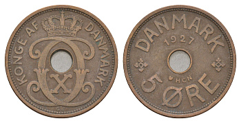 Дания 5 эре 1927 HCN, Кристиан X (1912-1947) KM 828 бронза 4657-225