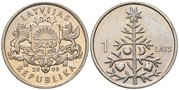 Латвия 1 лат 2009 рождественская ель KM 106 медно-никель UNC 66-541