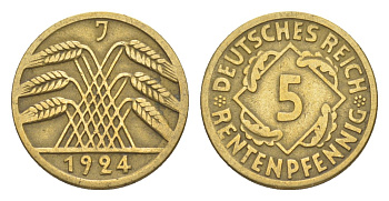 Германия 5 рентенпфеннигов 1924 J KM 32, J. 308 алюминиевая бронза 4636-458