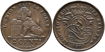 БЕЛЬГИЯ 2 САНТИМА 1909 BELGES KM 35.1 медь 95-722