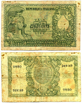Италия 50 лир 1951 Афина Pick 91a бумага 7207-36-2