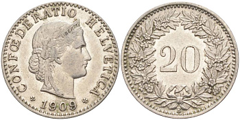 ШВЕЙЦАРИЯ 20 РАППЕНОВ 1909 В KM 29 никель 55-622