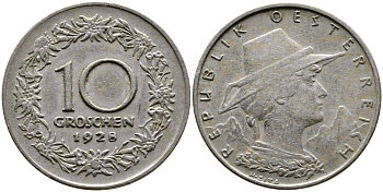 АВСТРИЯ 10 ГРОШЕЙ 1928 KM 2838 медно-никель 46-1217