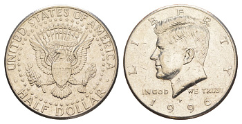 США 1/2 доллара (50 центов) 1996 P, Джон Кеннеди KM A202b медь плакированная медно-никелем aUNC 4517-822