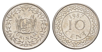 Суринам 10 центов 1987 KM 13a медно-никель UNC 4625-331