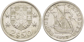 ПОРТУГАЛИЯ 2,5 ЭСКУДО 1977 ПАРУСНИК KM 590 медно-никель 213-242
