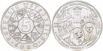 Австрия 5 евро 2007 100 лет Всеобщему избирательному праву, Франц Иосиф, введение всеобщего избирательного права для мужчин KM 3144 серебро UNC 11-153-13