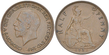 Великобритания 1/2 пенни 1931 Георг V (1910-1936) KM 837, Spink 4058 бронза 4513-1017