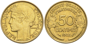 ФРАНЦИЯ 50 САНТИМОВ 1932 ТИП MORLON, OPEN 9, С ЯГОДОЙ KM 894.1, LE FRANC 192.7 алюминиевая бронза 44-666