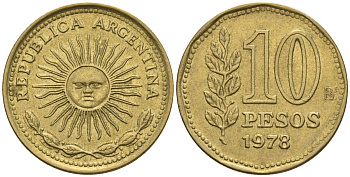 Аргентина 10 песо 1978 Ba, майское солнце KM 72, CJ 321, Schon 72 алюминиевая бронза    60-515