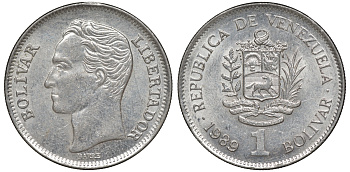 Венесуэла 1 боливар 1989 жирный шрифт Y 52a.1 сталь плакированная никелем 4606-527