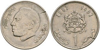 Марокко 1 дирхем 1987 АН 1407, Аль Хассан II (1962-1999) KM 88 медно-никель 4364-2355